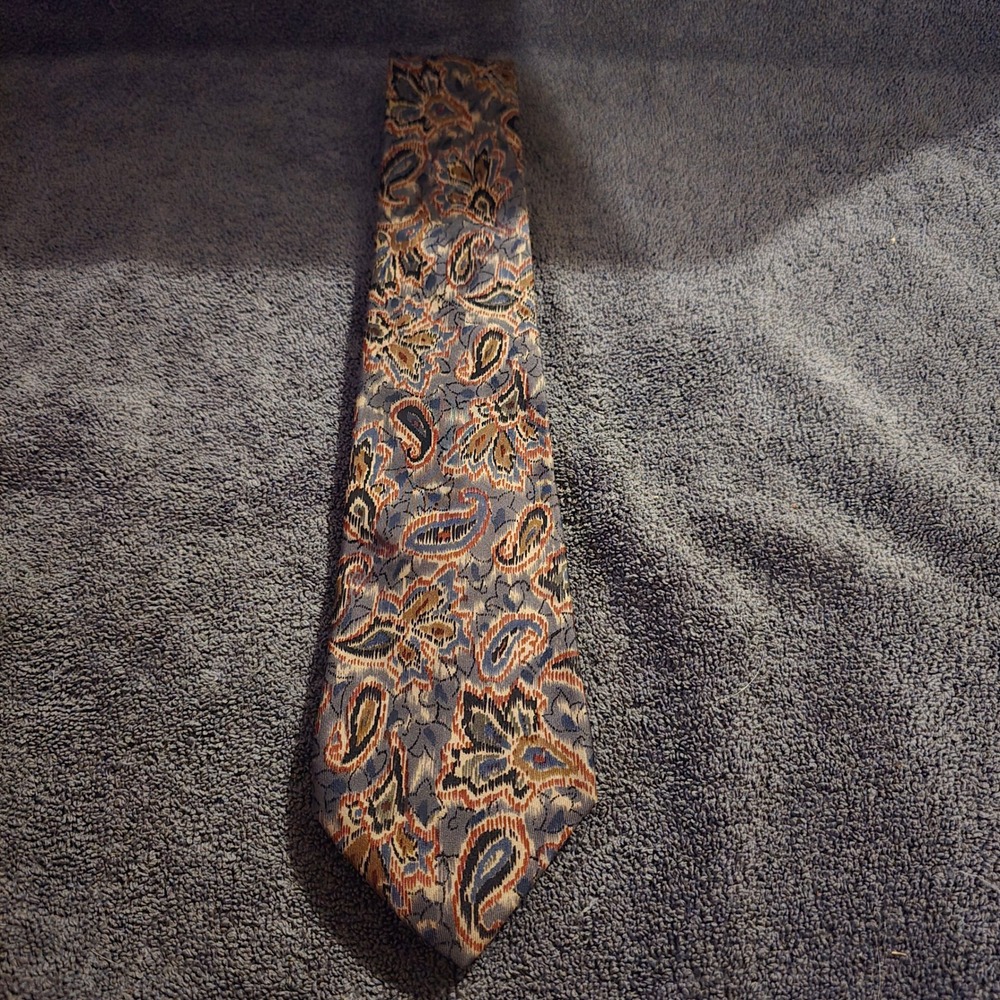 Nino Cerruti Tie OS Necktie Mens Blue Rust Gold Paisley Silk Ikat Made in USA